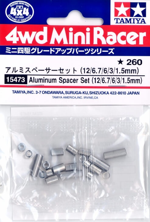 Mini 4WD GUP #473 Aluminum Spacer Set (12/6.7/6/3/1.5mm, 4 pieces each)